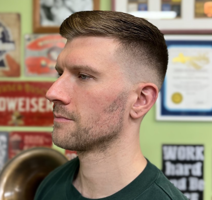 Textured crop with high fade and precise detail work, Campbell men’s grooming.